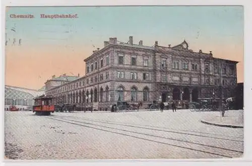 900889 AK Chemnitz - Hauptbahnhof mit Pferdekutsche und Straßenbahn 1914