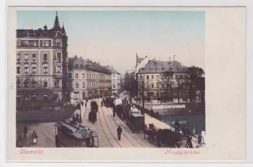 902928 AK Chemnitz - Nicolaibrücke mit Straßenbahn und Pferdekutschen