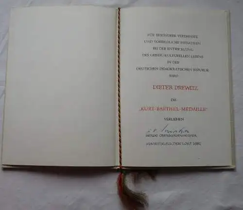 DDR Urkunde Kurt-Barthel-Medaille 1981 Unterschrift Bürgermeister (157965)