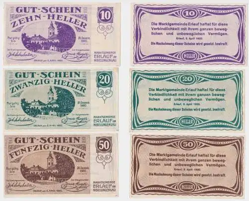 3 Banknoten 10 bis 50 Heller Notgeld Marktgemeinde Erlauf (143180)