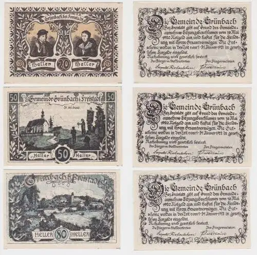 3 Banknoten 20 bis 80 Heller Notgeld Grünbach Freistadt (143516)