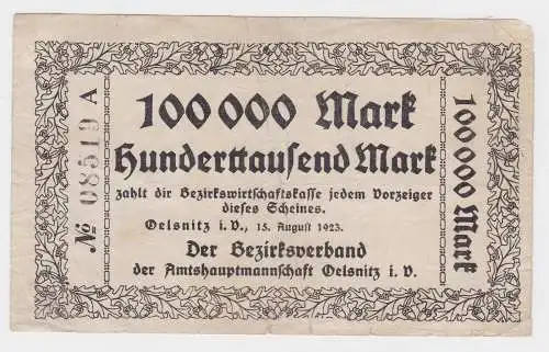 100000 Mark Banknote Amtshauptmannschaft Oelsnitz Vgtl. 15.8.1923 (119224)