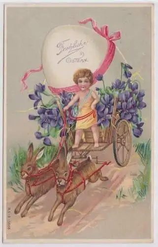 17808 Präge AK Fröhliche Ostern Kind transportiert mit Hasenkutsche ein Osterei