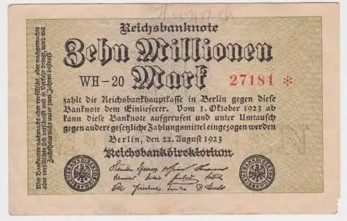 10 Millionen Mark Banknote Berlin 22.8.1923 Rosenberg 105e KN 5 stellig (159591)