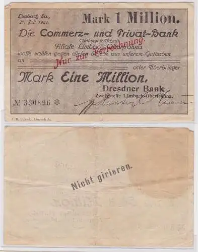 1 Million Mark Banknote Commerz & Privatbank Limbach 27.7.1923 (121731)