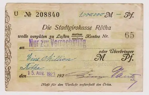 Firmenscheck 1 Million Mark Banknote Stadtgirokasse Rötha 10.8.1923 (120381)