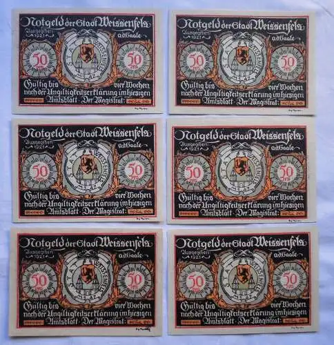 6x 50 Pfennig Banknoten Notgeld Stadt Weissenfels 1921 (112058)