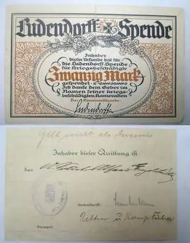 Quittung Zwanzig Mark Ludendorff Spende um 1916