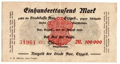 100000 Mark Inflation Stadtkasse Aue Erzgebirge 27.8.1923 (107191)