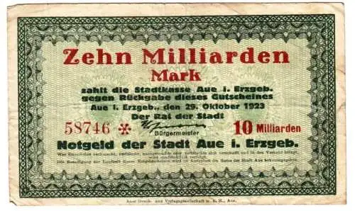 10 Milliarden Mark Inflation Stadtkasse Aue Erzgebirge 29.10.1923 (109306)