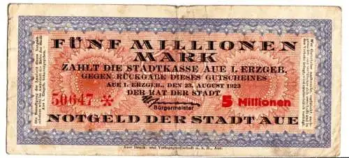 5 Millionen Mark Inflation Stadtkasse Aue Erzgebirge 23.8.1923 (109979)