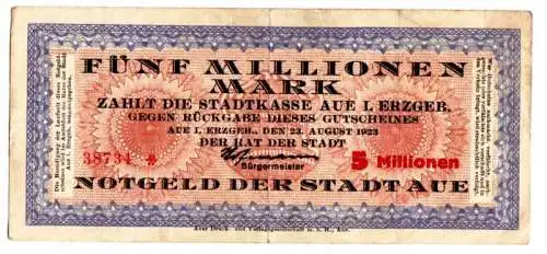 5 Millionen Mark Inflation Stadtkasse Aue Erzgebirge 23.8.1923 (109967)