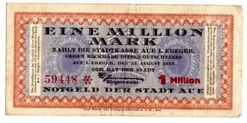 1 Million Mark Inflation Stadtkasse Aue Erzgebirge 23.8.1923 (104977)