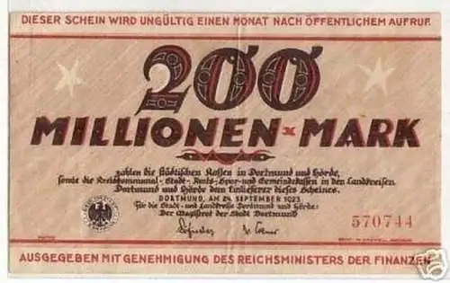 Banknote Inflation 200 Millionen Stadt Dortmund 1923