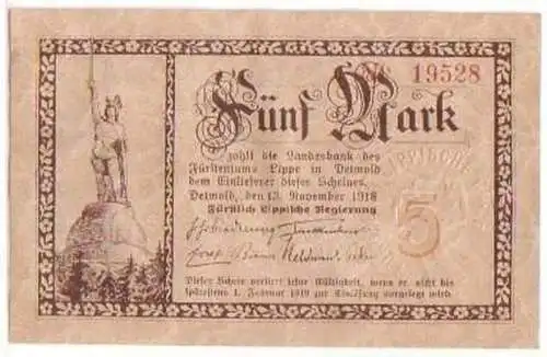 Banknote 5 Mark Großnotgeld Stadt Detmold Lippe 1918