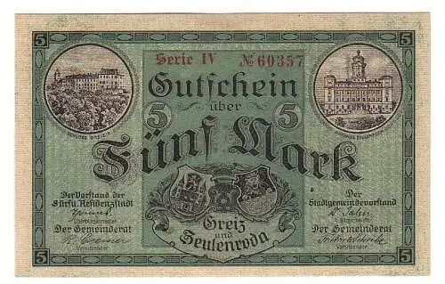 5 Mark Banknote Groß-Notgeld der Städte Greiz Zeulenroda 1918