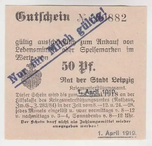 50 Pfennig Lebensmittel Gutschein Stadt Leipzig 1.April 1919 (120847)