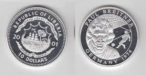 10 Dollar Silber Münze Liberia 2001 Fussball WM 1974 Paul Breitner (116504)