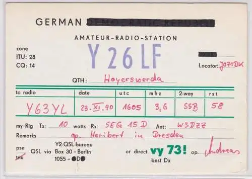 07485 QSL Karte Funker Funkamateur DDR Hoyerswerda 1990