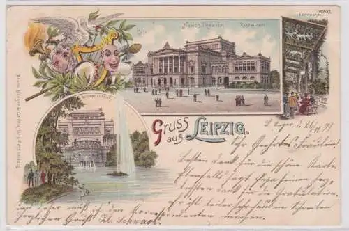 00538 Lithographie Ak Gruss aus Leipzig - Neues Theater, Cafe, Restaurant usw.