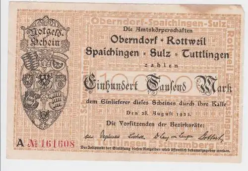 100000 Mark Inflation Banknote Stadtgemeinde Oberndorf usw. 28.8.1923 (129487)