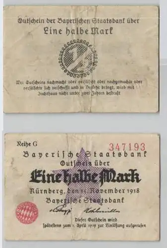 1/2 Mark Banknote Notgeld Nürnberg Bayerische Staatsbank 15. Nov. 1918 (129199)