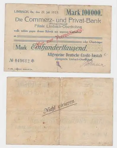 100000 Mark Banknote Commerz- & Privat Bank Limbach 27.7.1923 (130114)