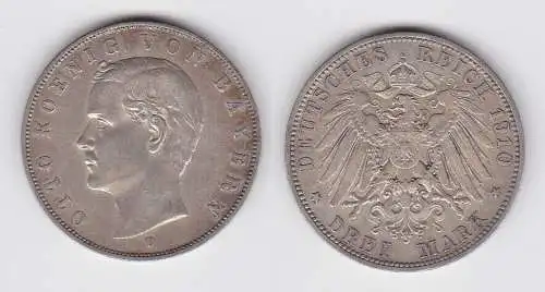 3 Mark Silber Münze Bayern König Otto 1910 D ss (144345)