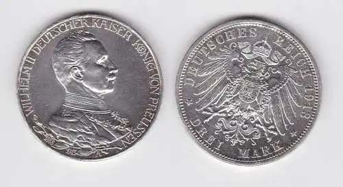 3 Mark Silbermünze Preussen Kaiser Wilhelm II in Uniform 1913 Jäger 112 (150625)