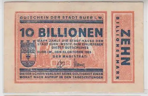 10 Billionen Mark Banknote Inflation Stadt Buer i.W. 23. Oktober 1923