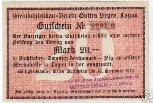 20 Mark Banknote Notgeld Steinkohlenbau Verein Lugau