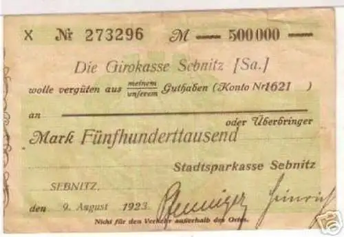 seltene Banknote Inflation Sparkasse Sebnitz 1923