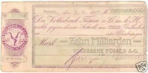 Banknote 10 Milliarden Mark Inflation Füssen 1923