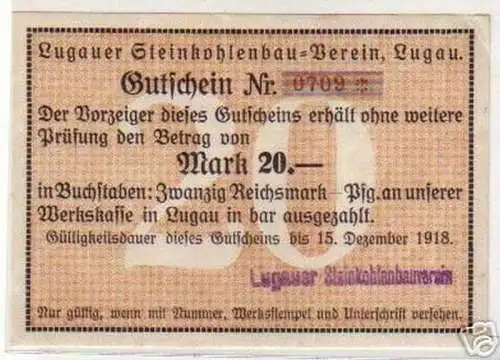 20 Mark Banknote Notgeld Steinkohlenbau Verein Lugau