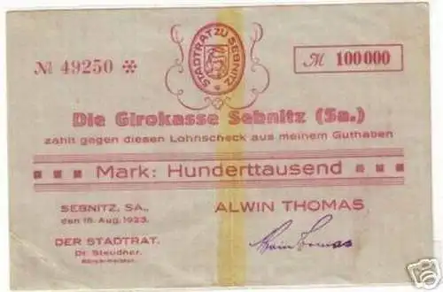 seltene Banknote Inflation Alwin Thomas Sebnitz 1923