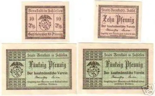 4 Banknoten Notgeld Stadt Bernstadt in Schlesien um1918