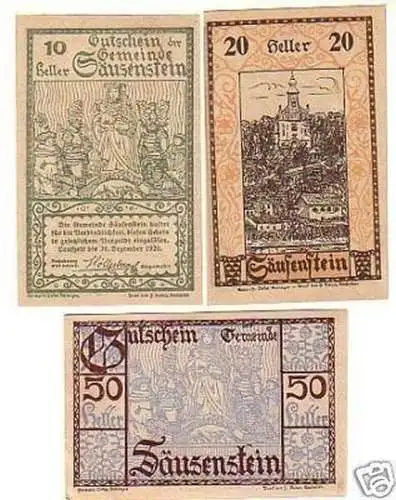 3 Banknoten Notgeld der Gemeinde Säusenstein 1920