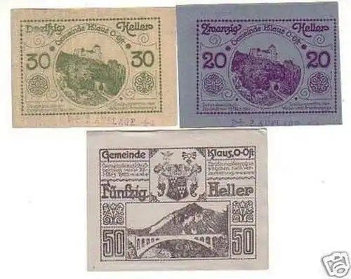 3 Banknoten Notgeld der Gemeinde Klaus O.Ö. 1920