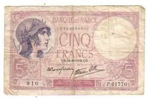 Banknote 5 Franc Frankreich 1939