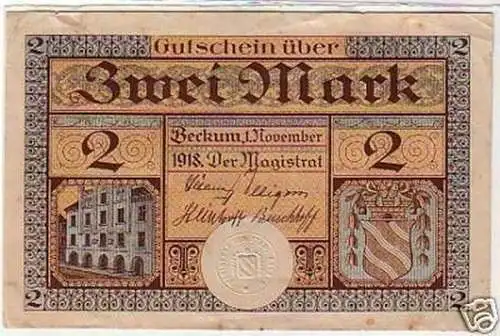 Banknote Notgeld 2 Mark Stadt Beckum 1. November 1918