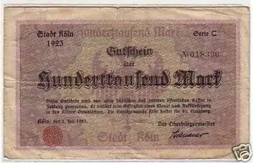 Banknote 100000 Mark Inflation Stadt Köln 1923