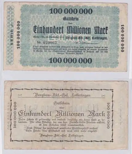 100 Millionen Mark Banknote Gerthe i.W. Bergbau AG Lothringen 22.9.1923 (126638)