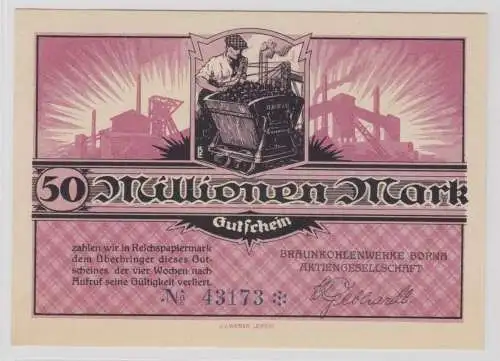 50 Millionen Mark Banknote Braunkohlenwerke Borna um 1923 (137432)