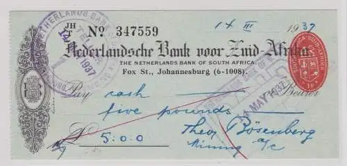 seltener Niederländische Bank für Südafrika Bank Scheck 1937 (130662)