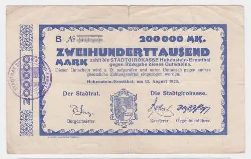 200000 Mark Banknote Stadtgirokasse Hohenstein Ernstthal 13.08.1923 (122590)