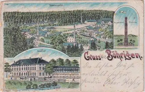 59722 Lithographie Ak Gruss aus Böhringen - Gasthof, Aussichtsturm, Totale 1902