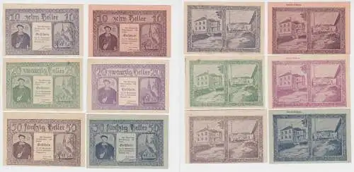 6x 10, 20 und 50 Heller Banknote Holzhausen 1.und 2. Auflage (137888)