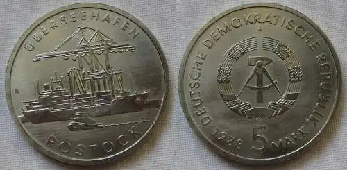 DDR Gedenk Münze 5 Mark Überseehafen Rostock 1988 Stempelglanz (162576)