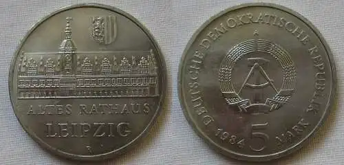 DDR Gedenk Münze 5 Mark Leipzig altes Rathaus 1984 Stempelglanz (162421)