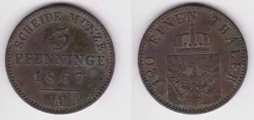 3 Pfennige Kupfer Münze Preussen Wilhelm I 1867 A f.ss (152818)